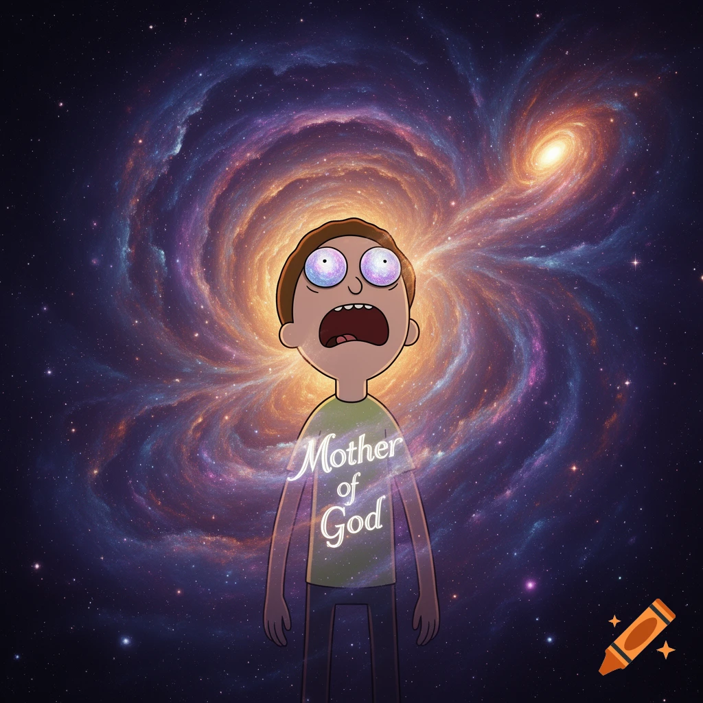 Morty from Rick and Morty looks shocked with wide eyes against a swirling galaxy, text 'Mother of God' on his shirt.