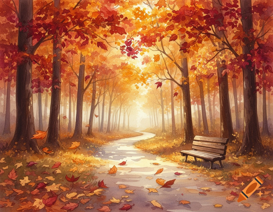 A watercolor painting of an autumn forest with a winding path and a wooden bench amidst vibrant red and orange foliage.