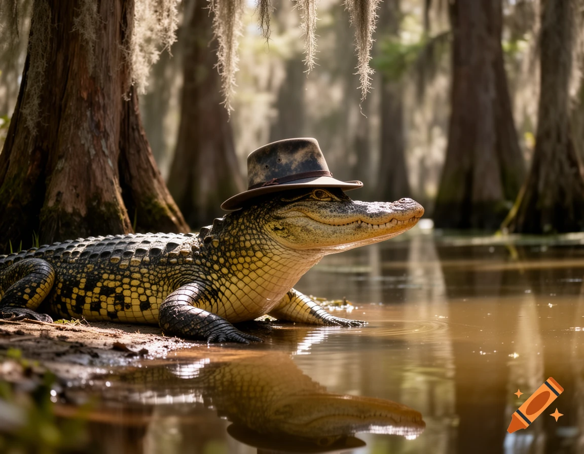 A photorealistic alligator wearing a brown fedora hat rests by murky water in a sunlit swamp with cypress trees.
