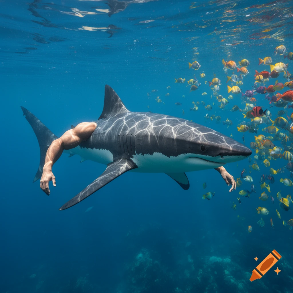 A great white shark with muscular human arms swims underwater amidst a school of colorful fish.
