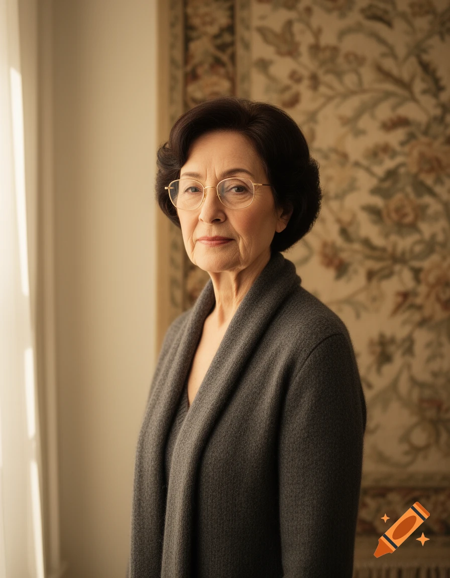 Photorealistic portrait of an elder woman with dark hair and glasses, wearing a grey cardigan, standing indoors.