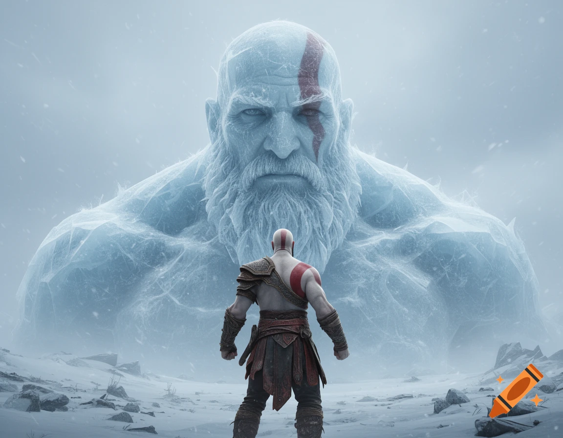 Kratos, seen from behind, faces an immense ice giant in a snowy, desolate landscape.