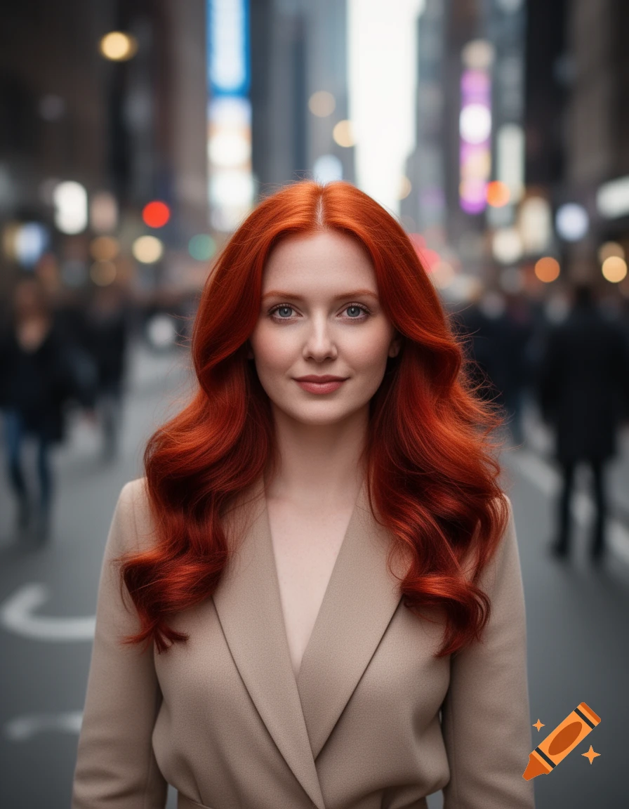 A photorealistic portrait of a red-haired woman in a beige blazer, standing on a city street with blurred lights.