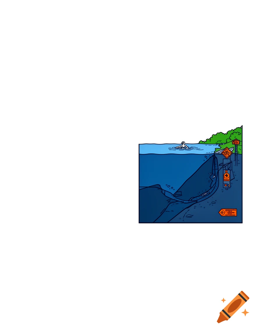 Minimalist line art illustration showing a swimmer in deep blue water near a green shore with warning signs, revealing a dangerous underwater drop-off and steep slope.
