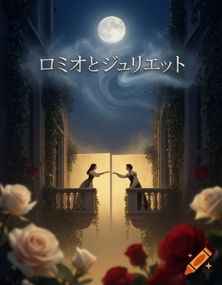 A poster depicting Romeo and Juliet on separate balconies, reaching for each other under a full moon, framed by ancient architecture and roses, with Japanese text at the top.