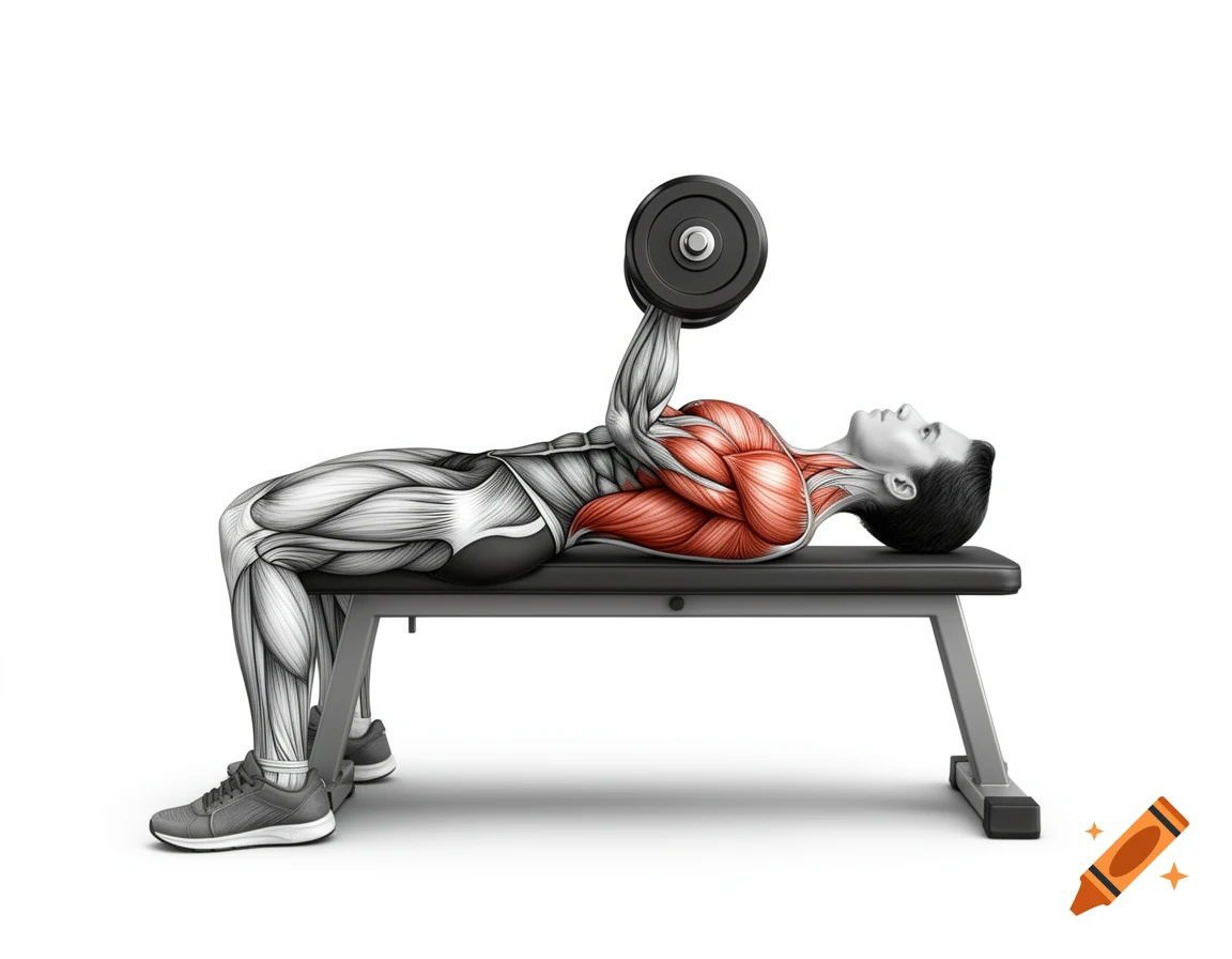 Biomechanical illustration of a man performing a dumbbell bench press on a flat bench, highlighting chest and triceps muscles.