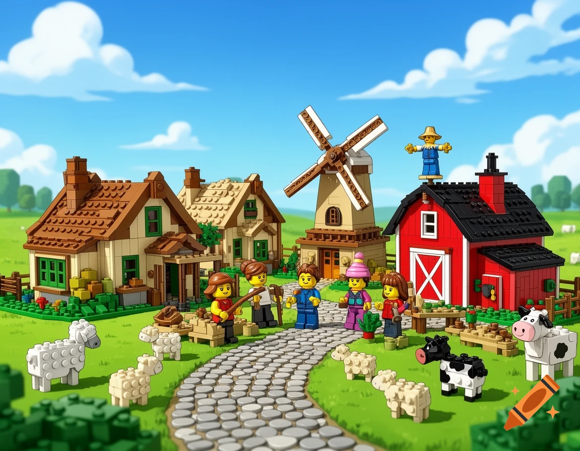 A vibrant Lego farm scene with houses, a red barn, a windmill, Lego minifigures, sheep, and cows on a green field under a blue sky.