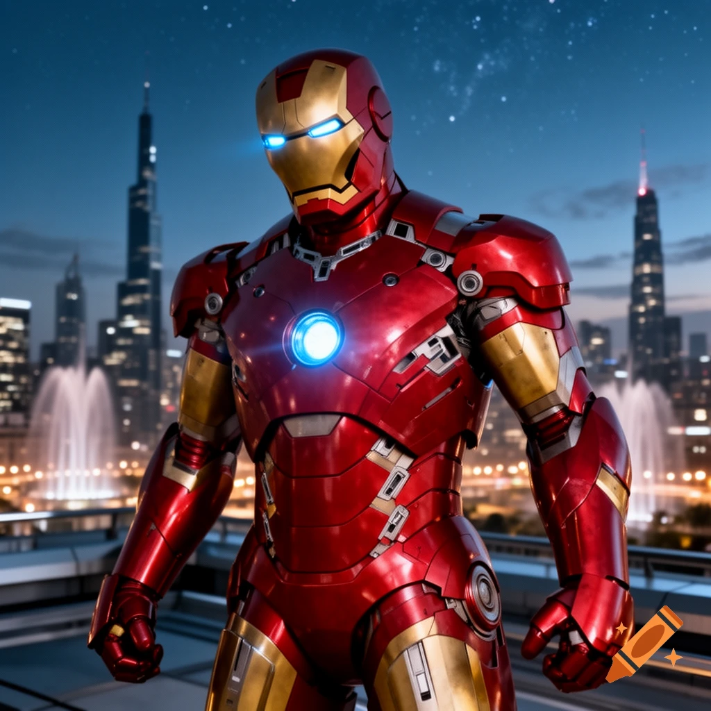 Photorealistic Iron Man stands on a rooftop overlooking a vibrant city skyline at night with illuminated buildings and fountains.