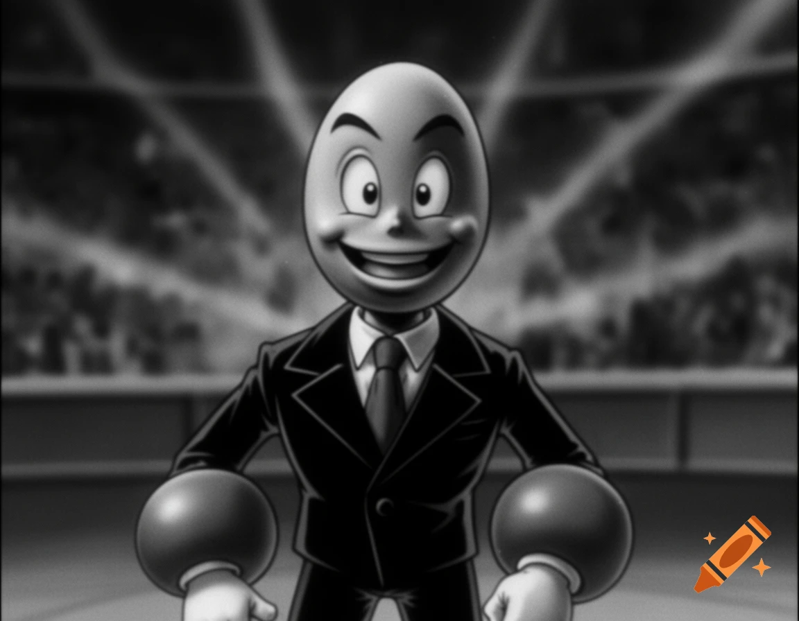 A black and white cartoon egg-headed character in a suit and tie with large round gloves stands smiling in a stadium.