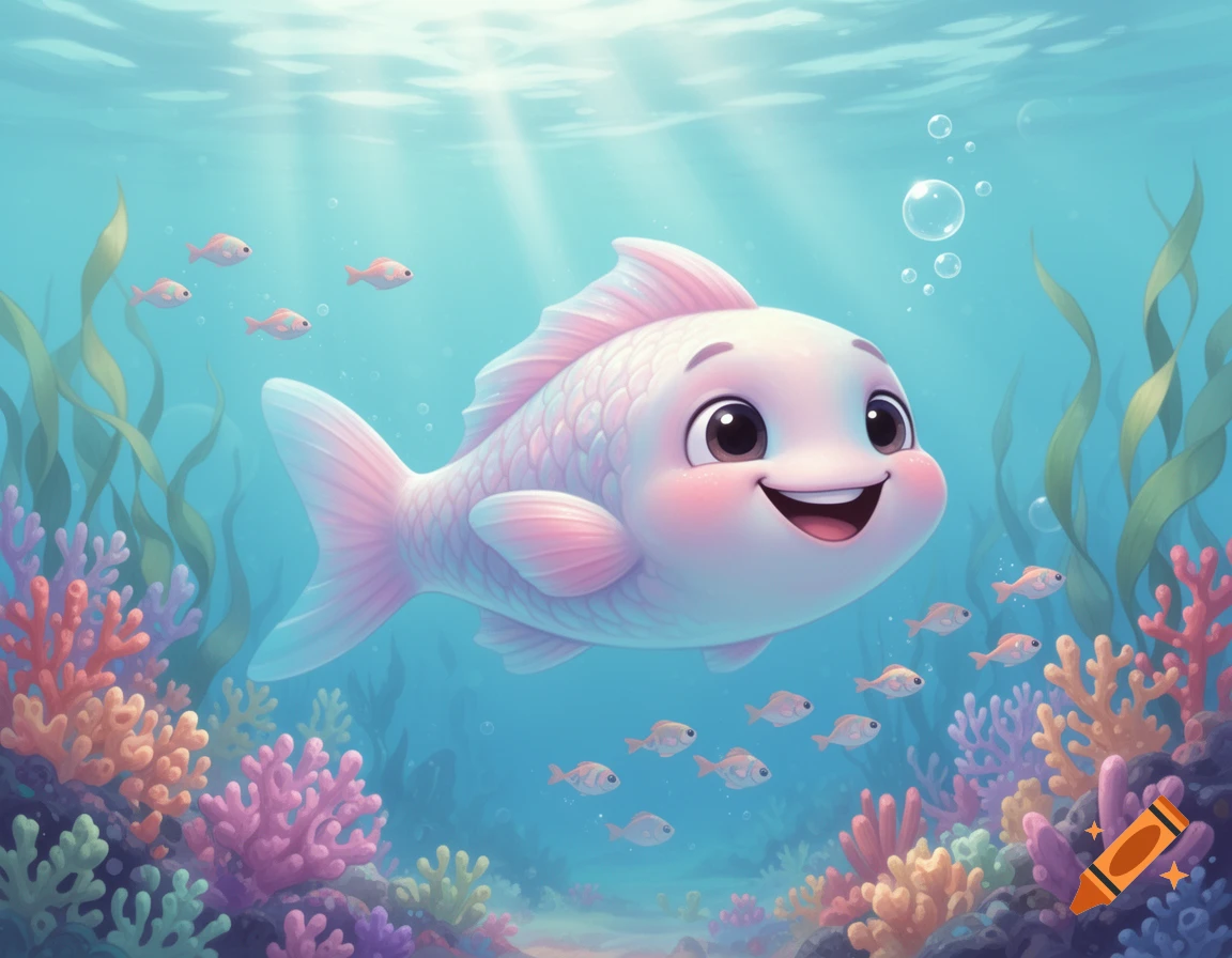 A cute, smiling pink fish swims happily in a vibrant cartoon underwater scene with colorful coral, seaweed, and smaller fish.