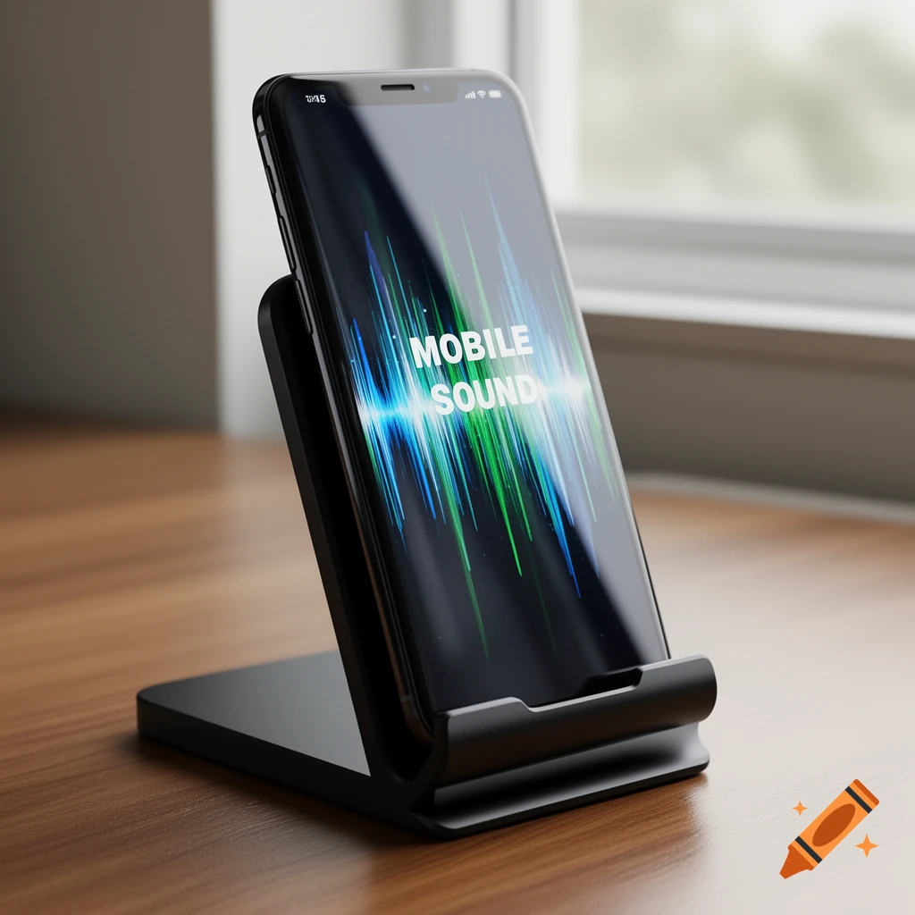A black smartphone displaying 'MOBILE SOUND' with an equalizer graphic, standing on a black phone holder on a wooden desk.