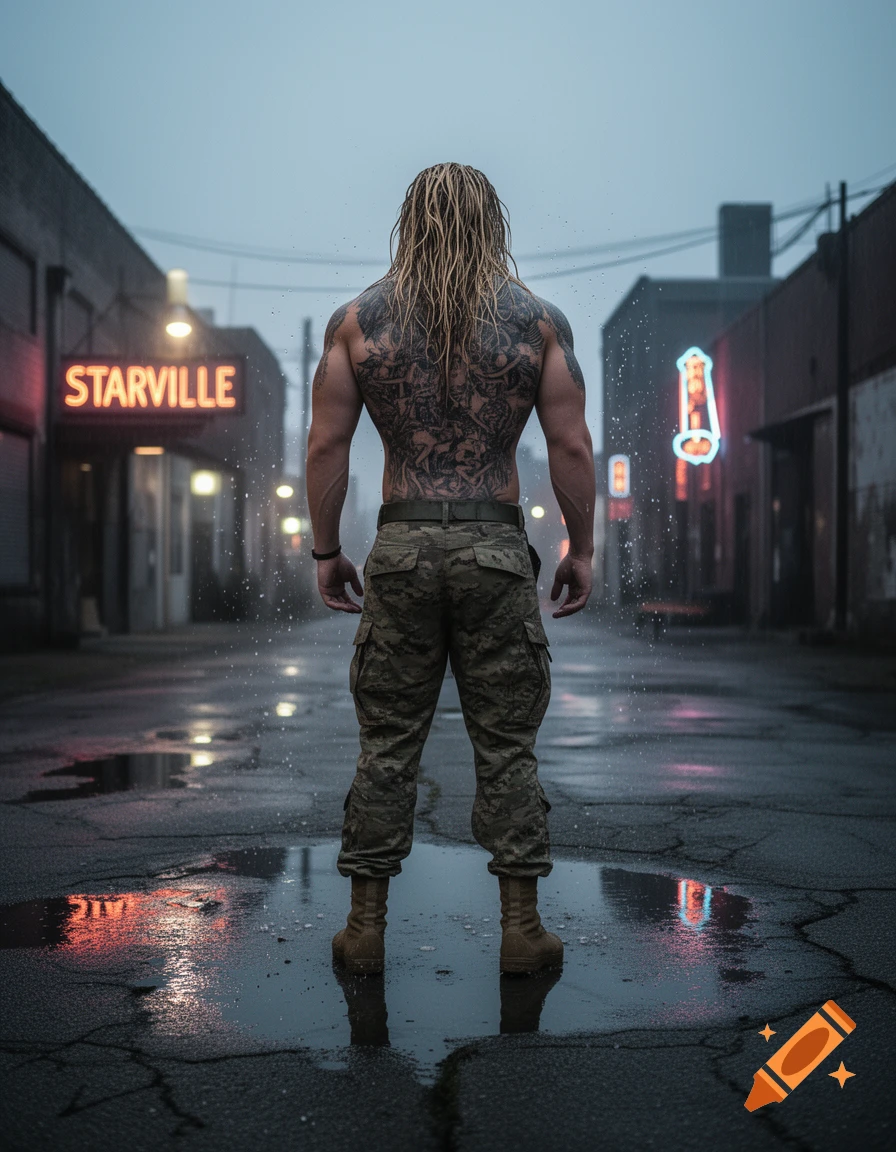 Muscular man with long blonde hair and a heavily tattooed back, wearing camouflage pants, stands in a wet city alley at night with neon signs.