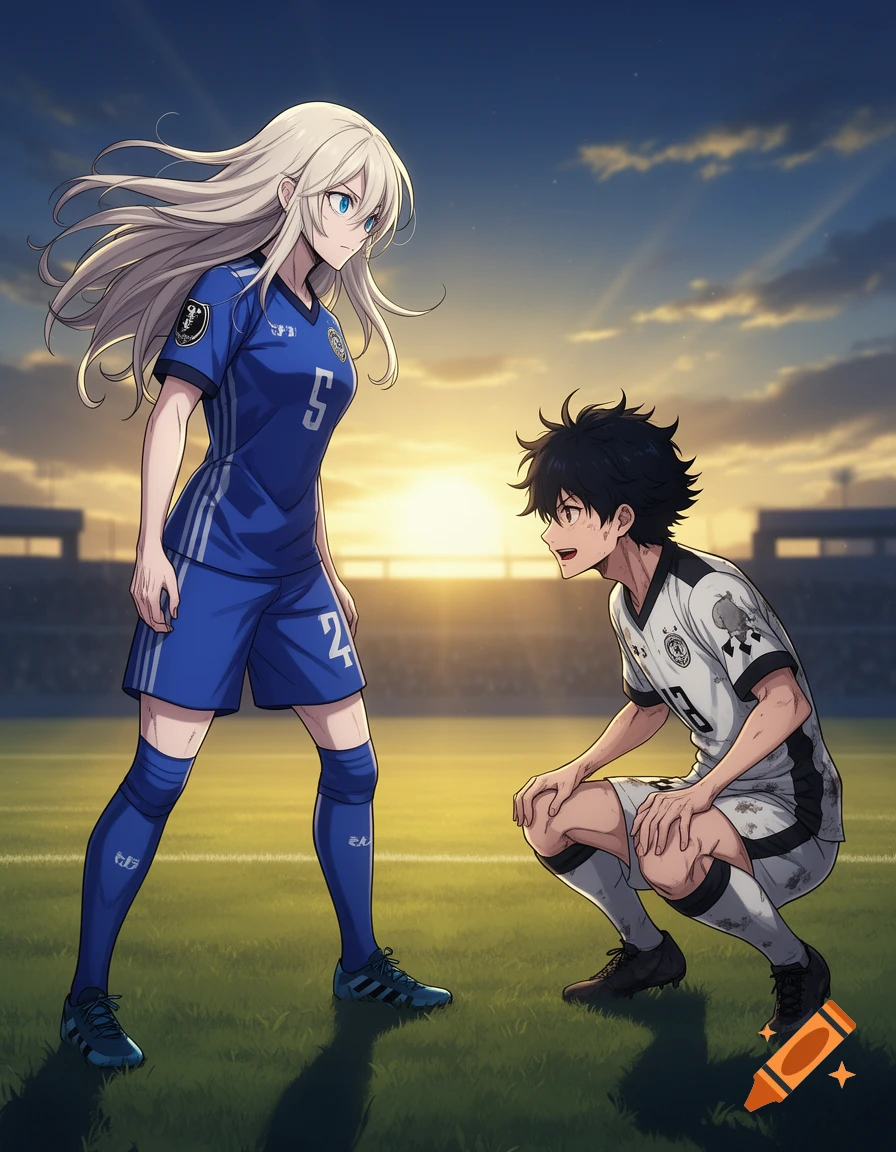 Anime soccer players, one woman standing and one man crouching, on a field with a sunset sky.