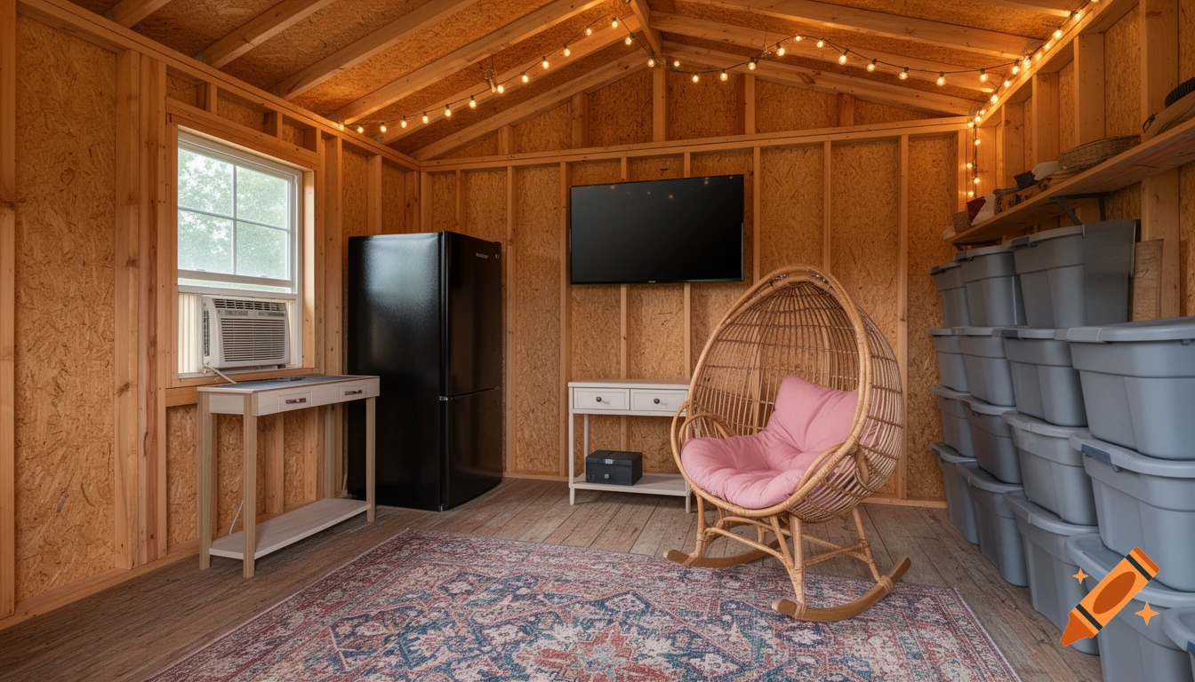 An unfinished wooden utility shed interior with a rattan egg chair, black refrigerator, window AC, wall-mounted TV, and stacked storage totes. String lights illuminate the space.