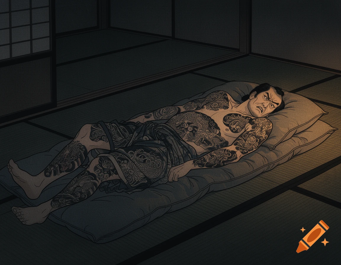 Ukiyo-e style illustration of an Edo-period Japanese man with full-body tattoos lying on a futon, looking angry and sleepless in a dim room.