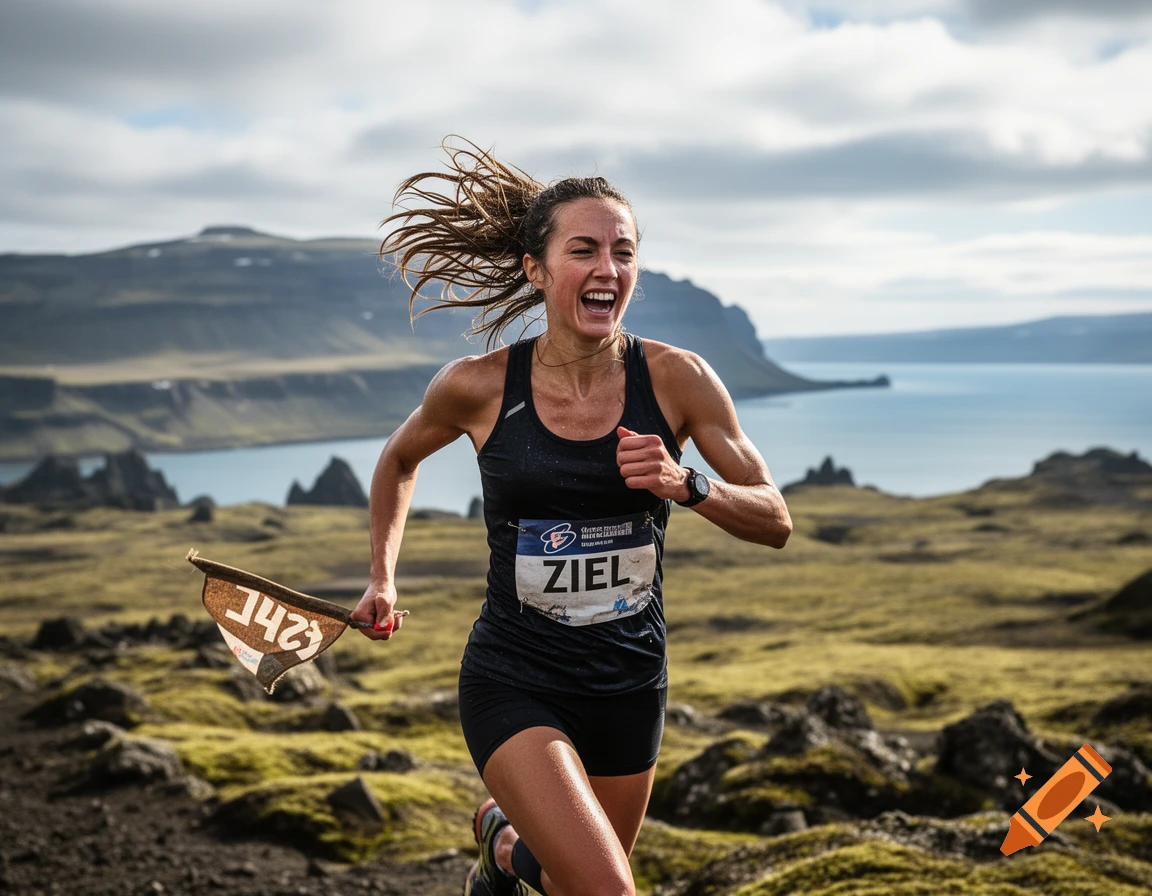 A determined female runner sprints through a rugged, grassy landscape with mountains and a bay in the background under a cloudy sky.