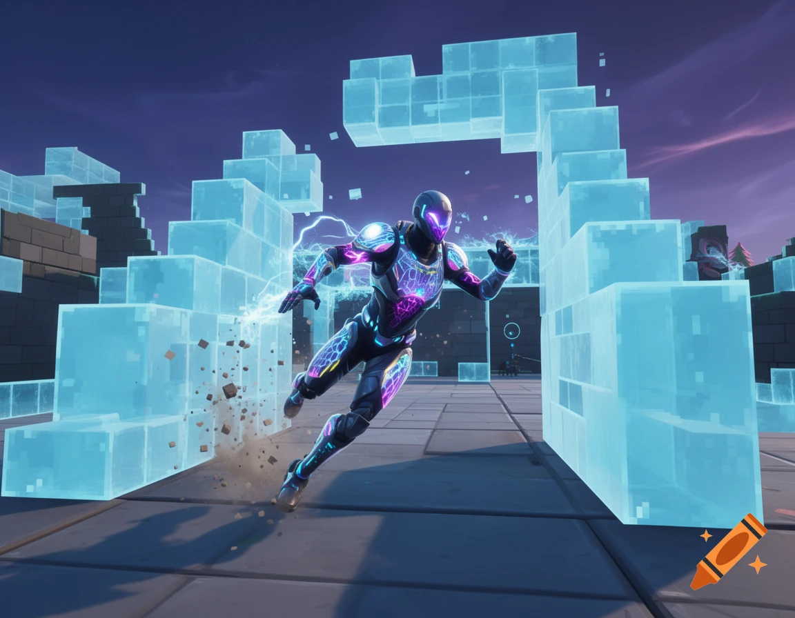 A futuristic character in a glowing suit runs past light blue, blocky structures, with lightning effects and debris, in a video game scene.