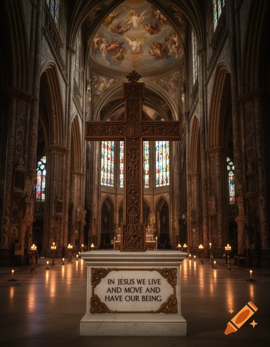 A carved wooden cross on a pedestal with an inscription inside a grand, dimly lit church interior with stained glass windows.