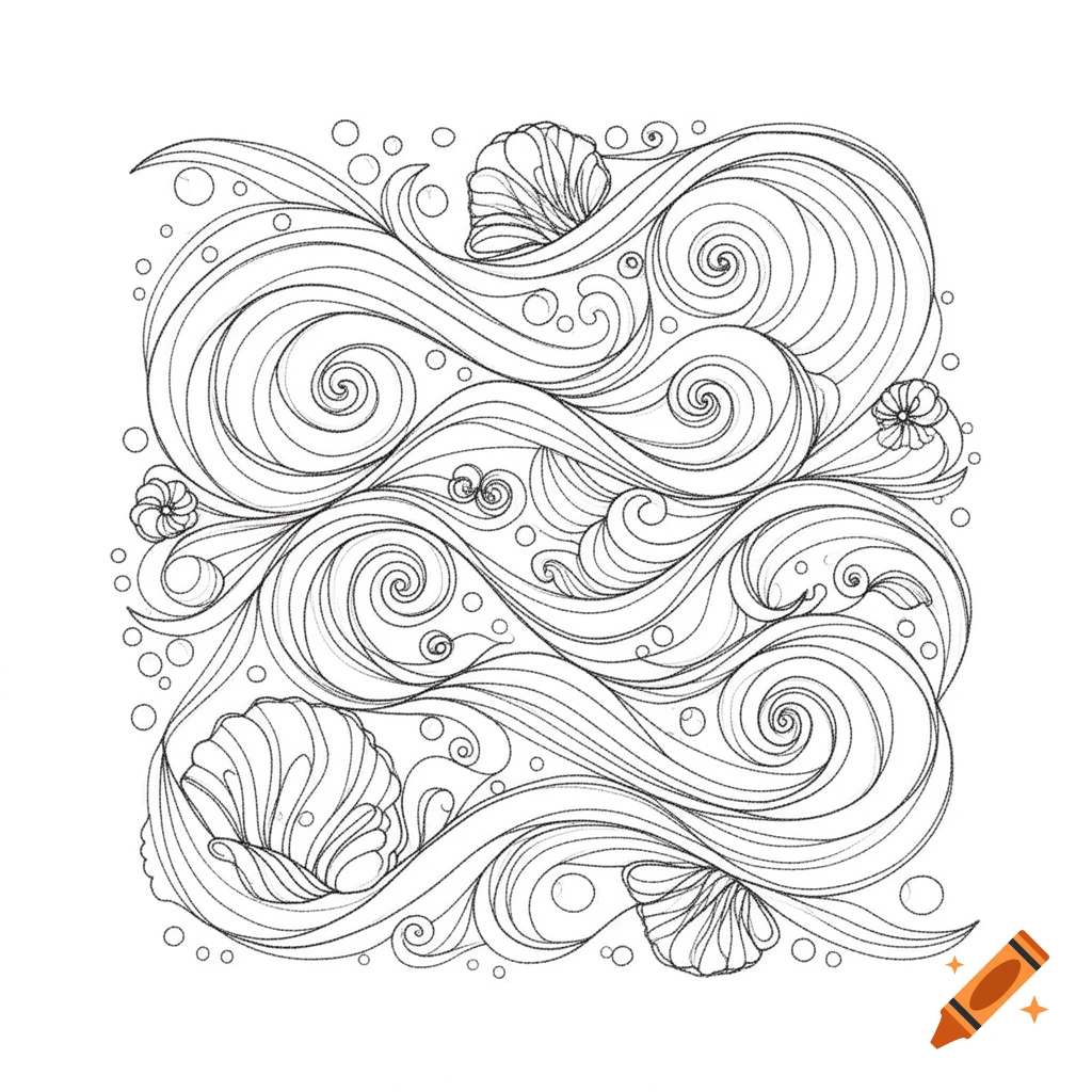Stylized black and white line art pattern of ocean waves, swirling elements, shells, and bubbles.
