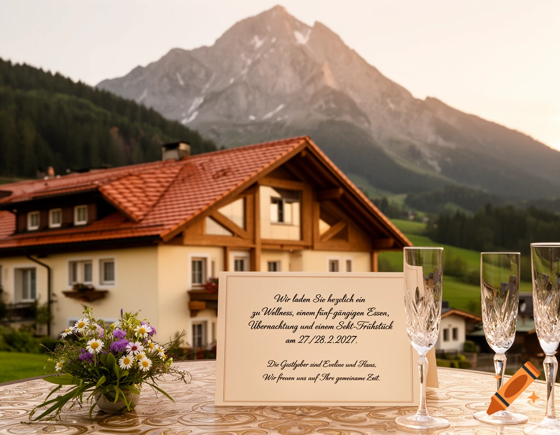 A rustic hotel with a red roof nestled in mountains at sunset. On a table in the foreground, an invitation card, a bouquet of flowers, and champagne flutes are visible.