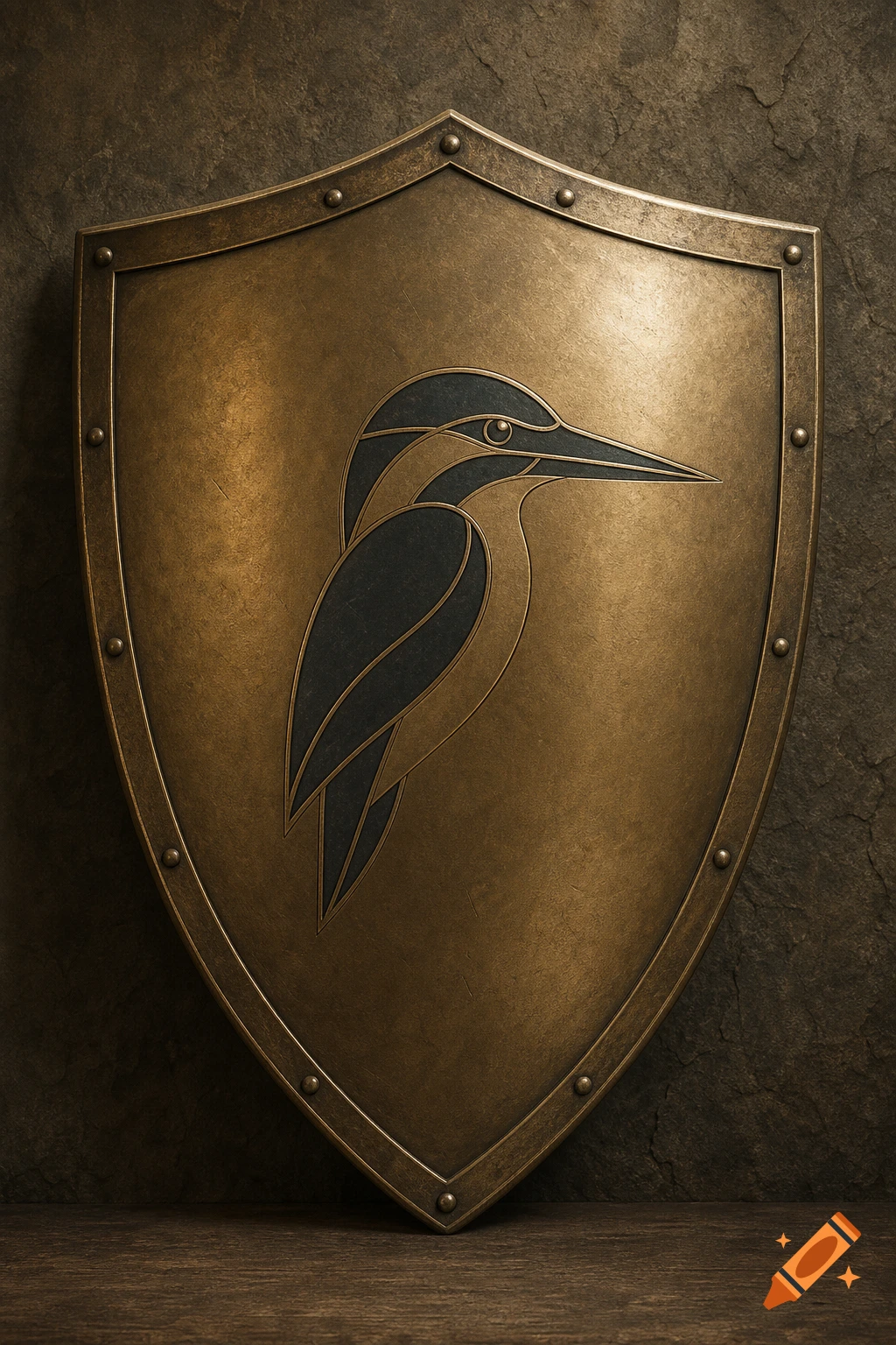 A bronze knight's shield with a stylized kingfisher symbol stands on a wooden surface against a stone wall.