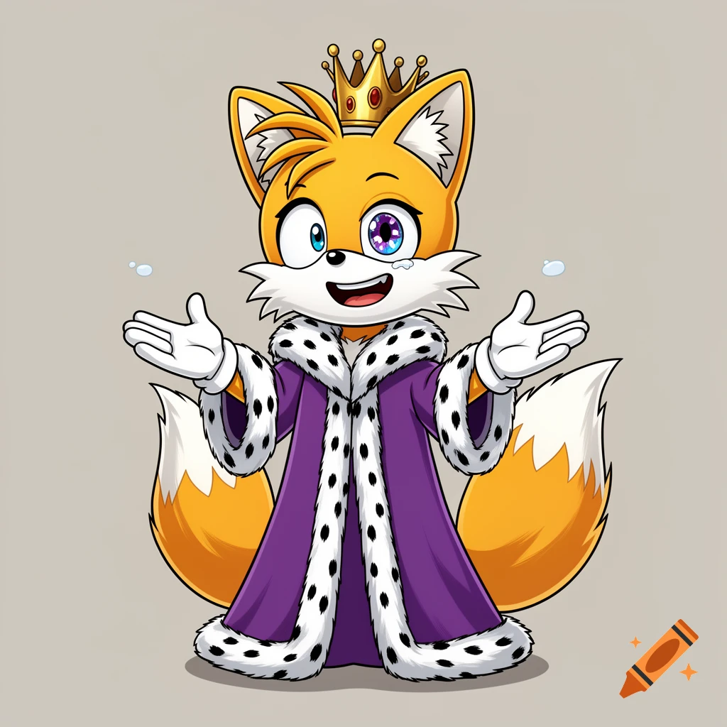 A cartoon fox character resembling Tails from Sonic the Hedgehog, wearing a purple king's robe and a golden crown, with mismatched, wide eyes and a crazy expression.