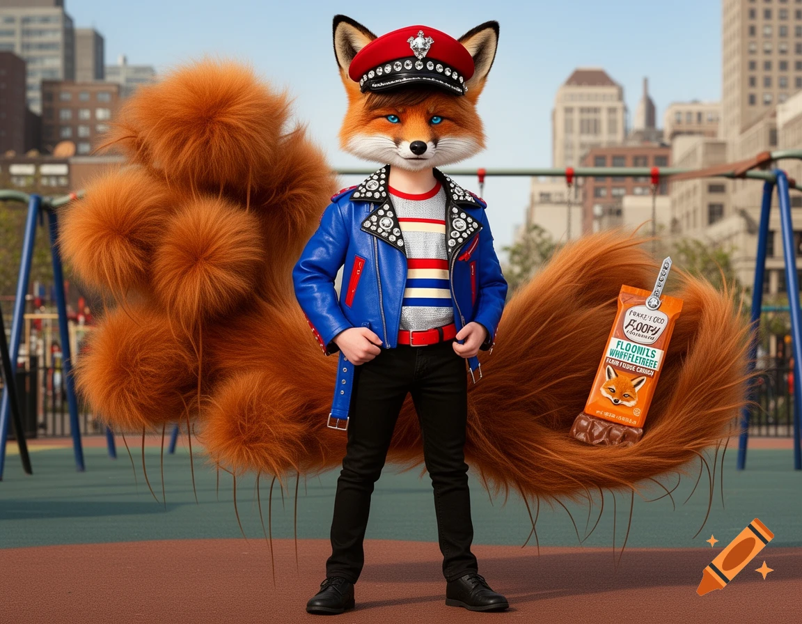 A boy with a fox head and large bushy tail, wearing a blue leather jacket and red cap, stands in a playground holding a candy bar. Photorealistic style.
