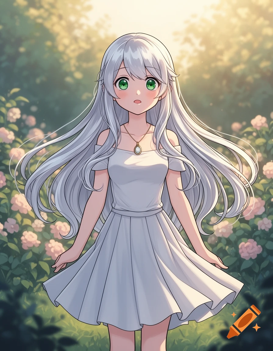 An anime girl with long silver hair and green eyes, wearing a white off-shoulder dress, stands in a sunny garden filled with pink roses.