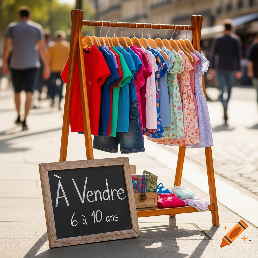 A wooden clothing rack with colorful children's clothes on hangers on a sidewalk, with a sign reading 'À Vendre 6 à 10 ans'.