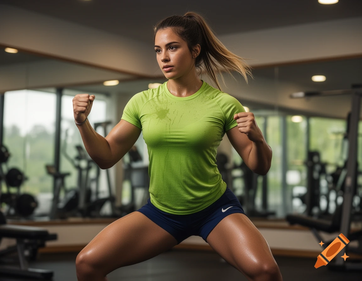 Muscular woman in a green t-shirt and navy shorts intensely performs a workout pose in a gym, sweat visible.