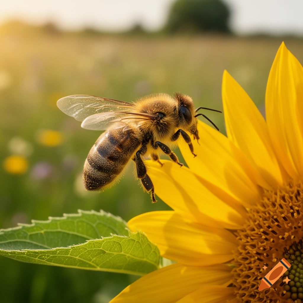 A honeybee with a furry body and transparent wings rests on a bright yellow sunflower petal, bathed in warm sunlight in a field.