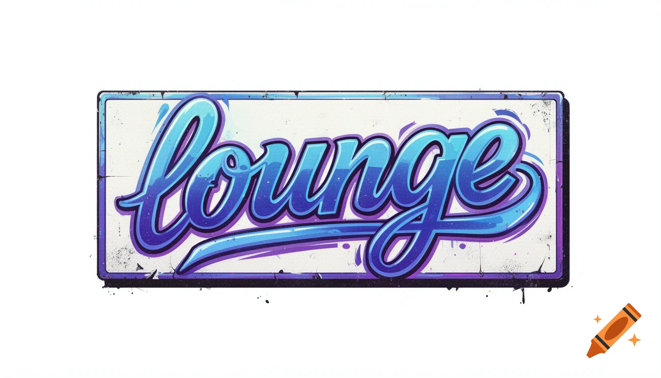 Retro graffiti cursive sign with 'lounge' in blue and purple, on a white background.
