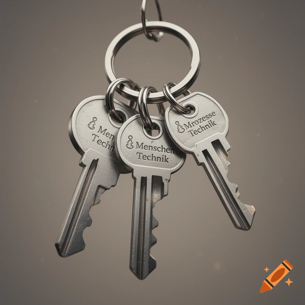 A close-up, photorealistic image of three silver keys on a metal keyring.