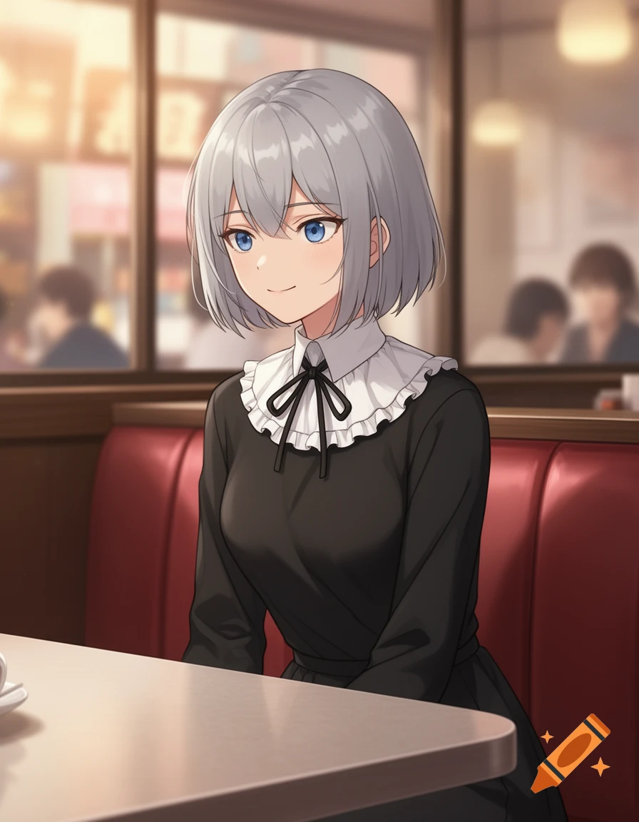 Anime art style portrait of a young woman with a silver-grey bob and blue eyes, wearing a black dress with a white ruffled collar, sitting in a red diner booth.