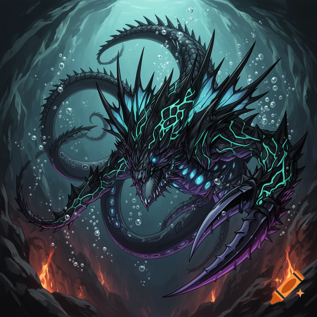 A dark, spiky, bioluminescent sea creature with large claws and a long tail swims in a deep underwater cave with glowing vents, in an anime style.