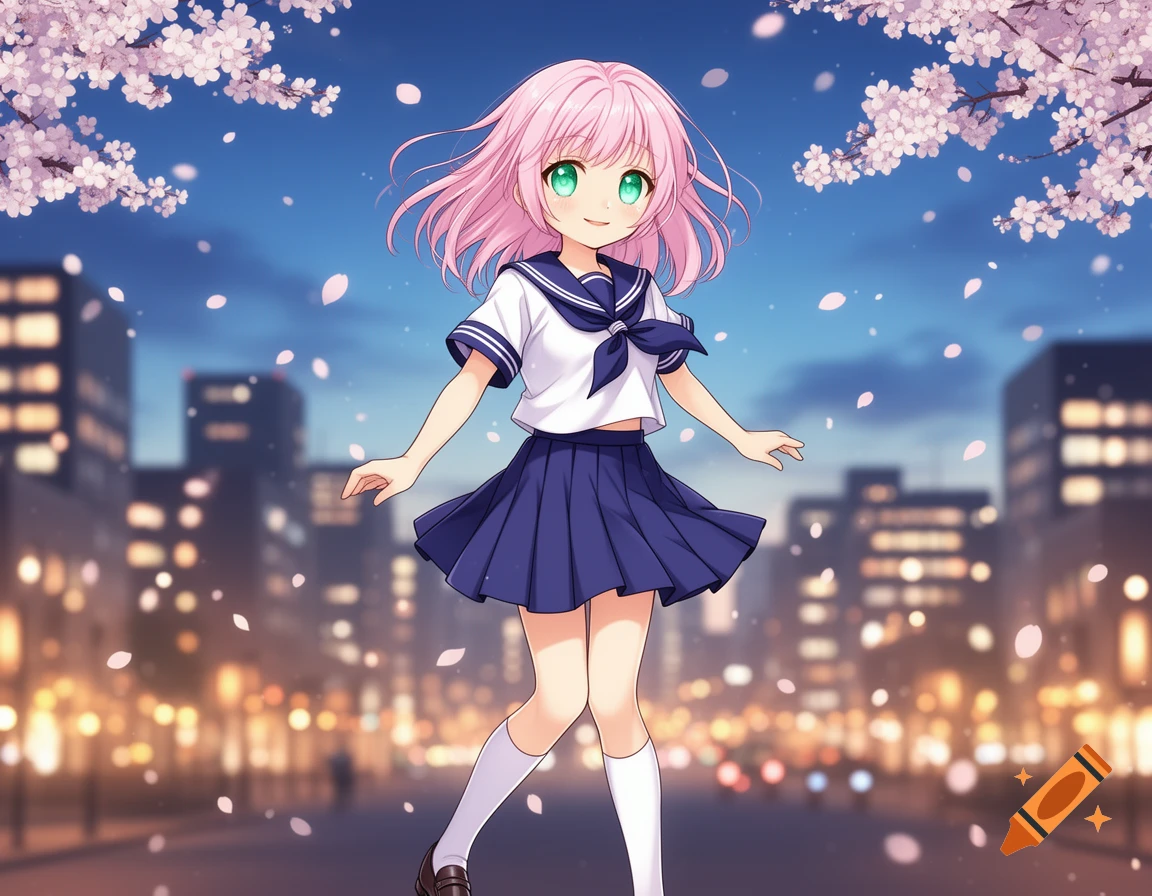 A cute anime girl with pink hair and green eyes, wearing a school uniform, stands on a city street at dusk with falling cherry blossoms and blurred city lights.