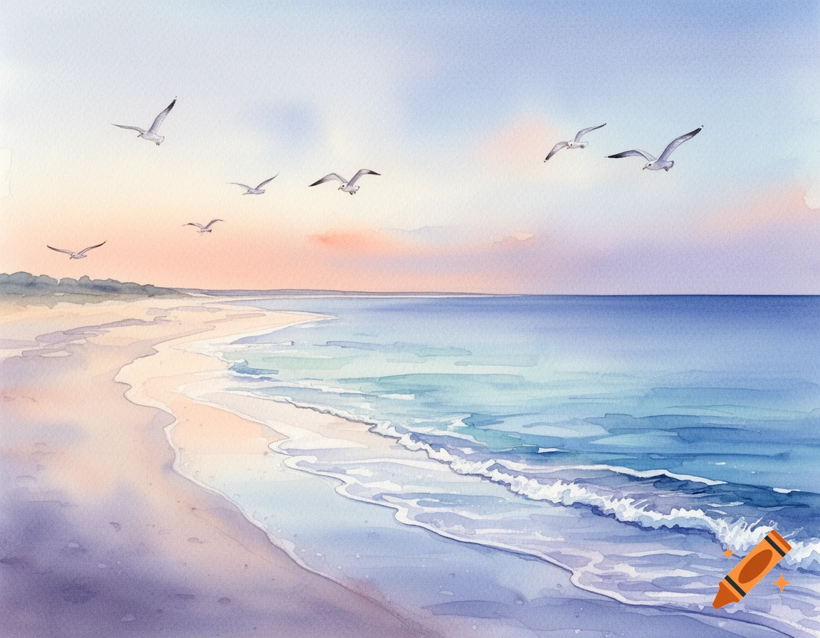 Watercolor painting of a tranquil beach at dawn or dusk, with gentle waves washing onto the sandy shore and seagulls flying overhead.