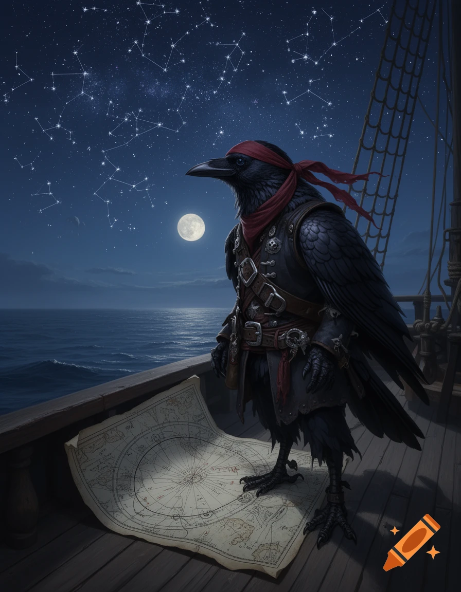 A pirate crow in a red bandana and leather vest stands on a ship's deck at night, gazing at the moonlit ocean under starry constellations. An old map lies at its feet.