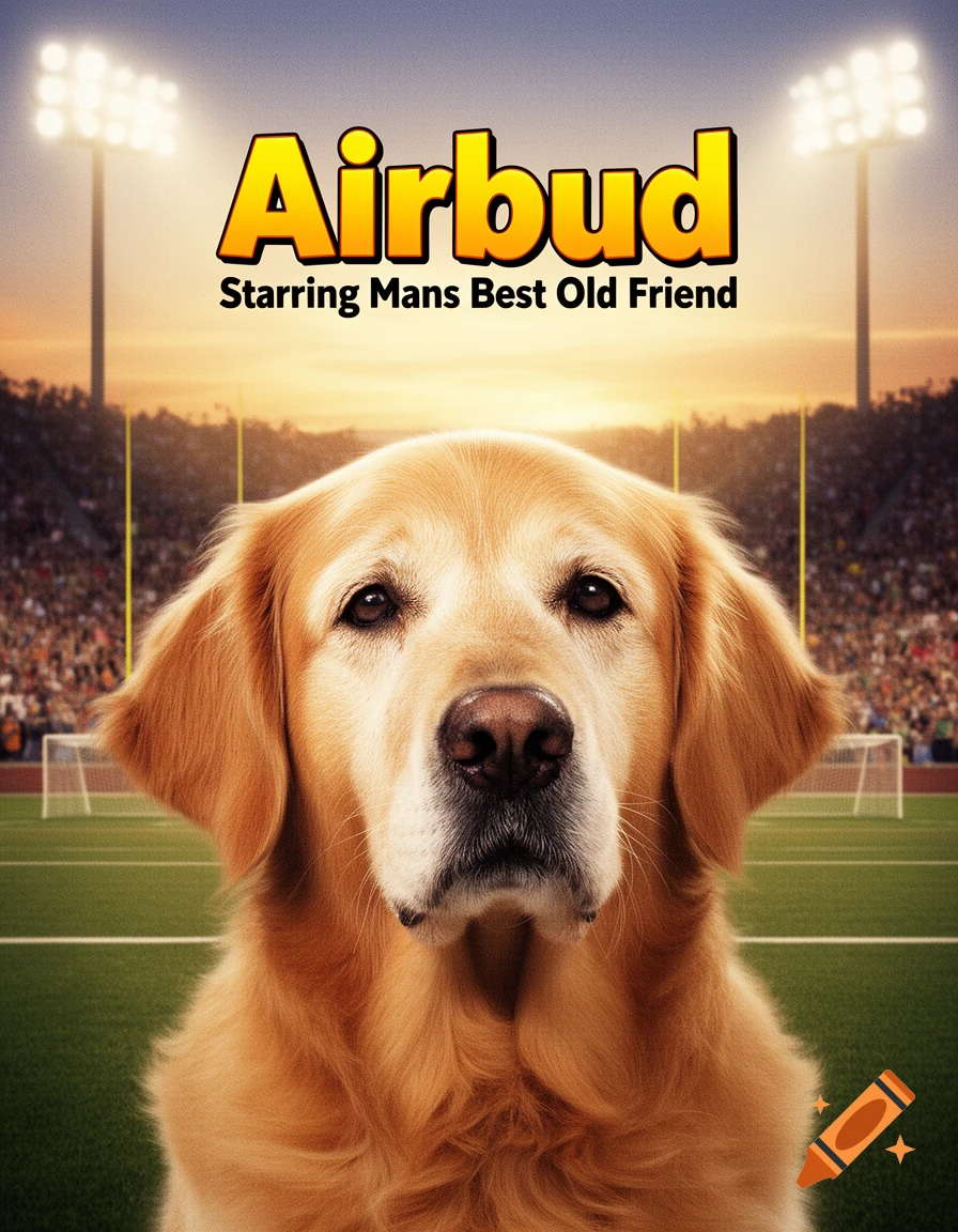 A golden retriever with graying fur in front of a football stadium, with "Airbud" and "Starring Mans Best Old Friend" text.