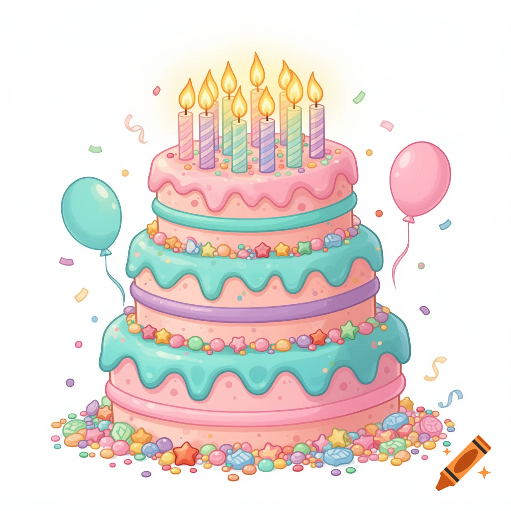 A vibrant, three-tiered cartoon birthday cake with lit candles, colorful sprinkles, and pastel balloons on a white background.