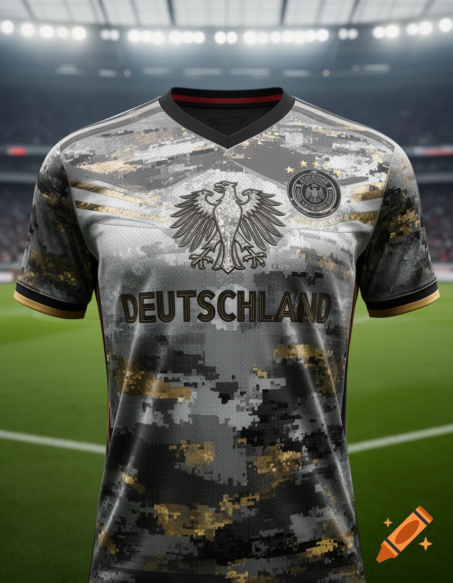 Deutschland soccer jersey with a black, gray, and gold digital camouflage pattern, an eagle crest, and 'DEUTSCHLAND' text.