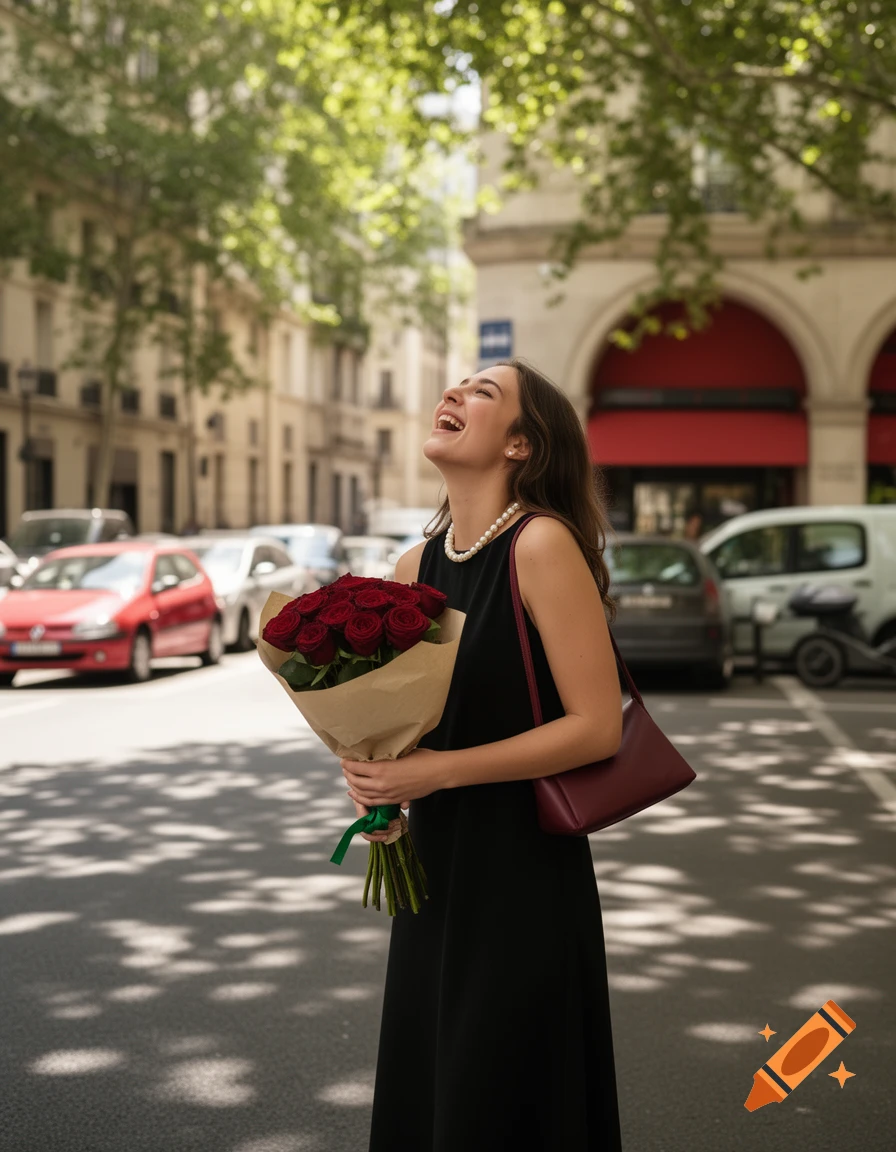 A young woman in a black dress laughs joyfully, holding a bouquet of red roses, on a sunny city street.