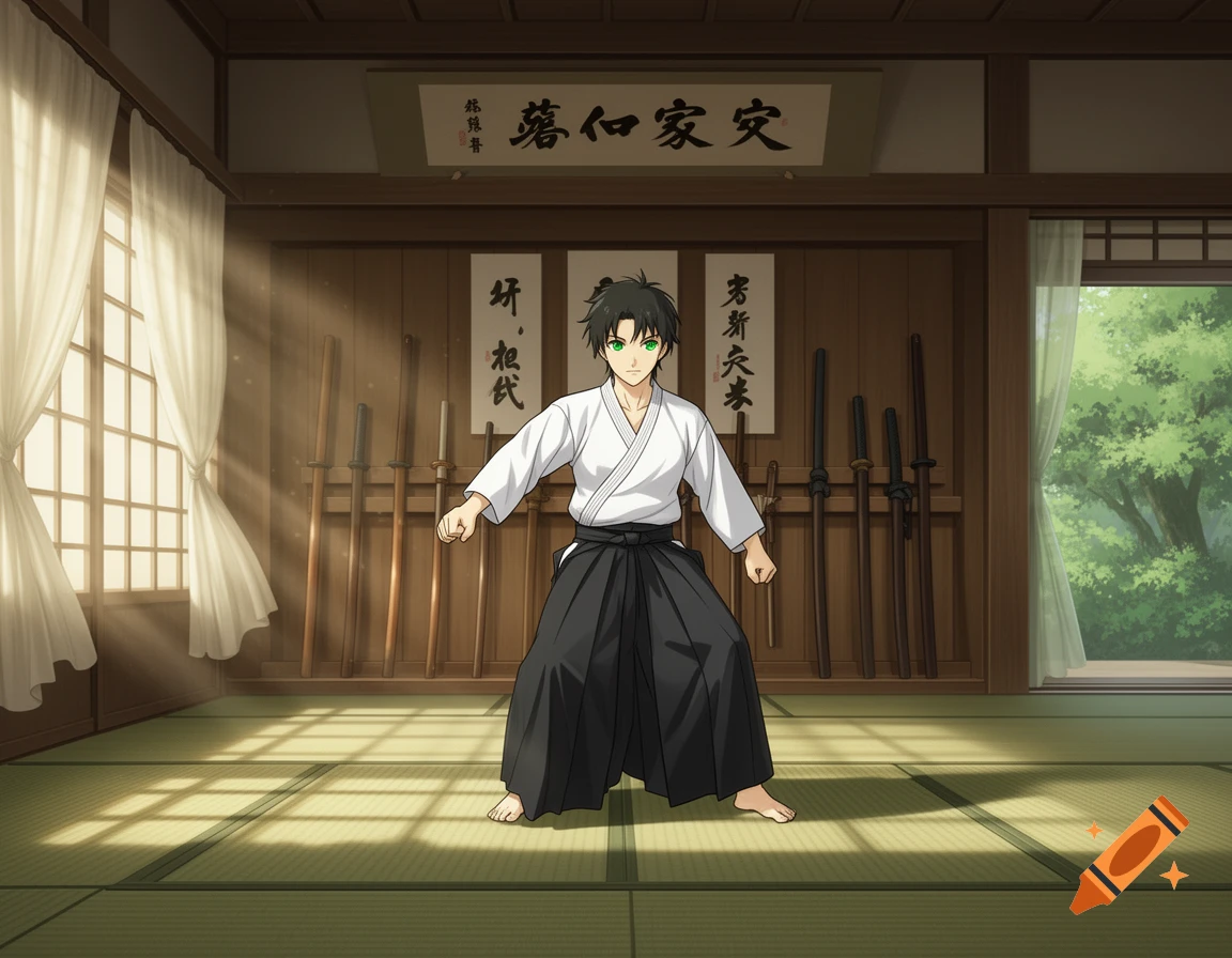 An anime boy in a white gi and black hakama stands barefoot in a traditional dojo with tatami mats and wooden walls.