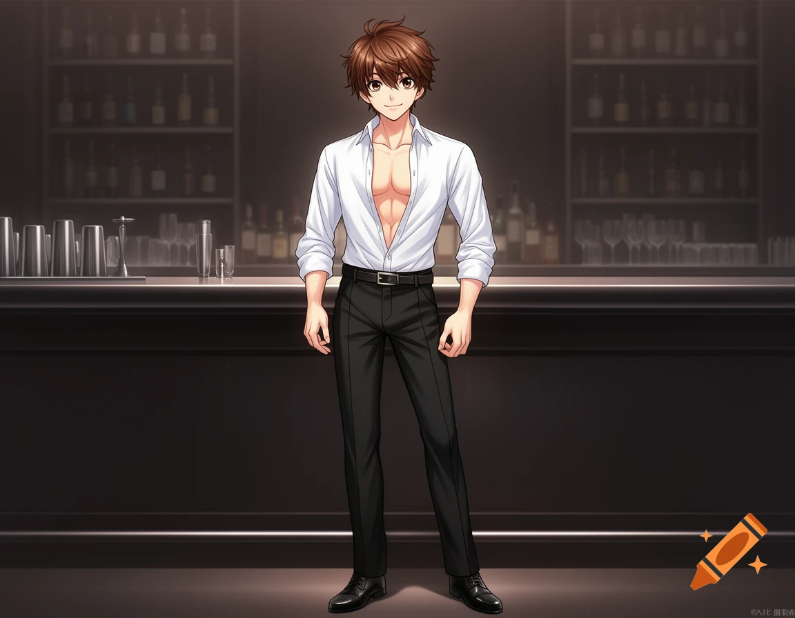 Anime man with brown hair, open white shirt, and black suit pants stands smiling behind a dark bar.