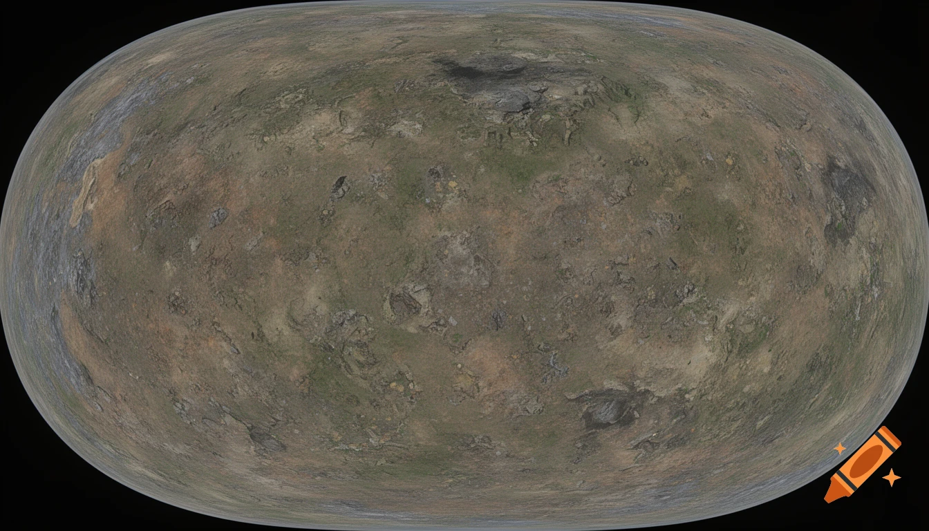 A realistic, rugged planetary surface texture map with brown and green features.