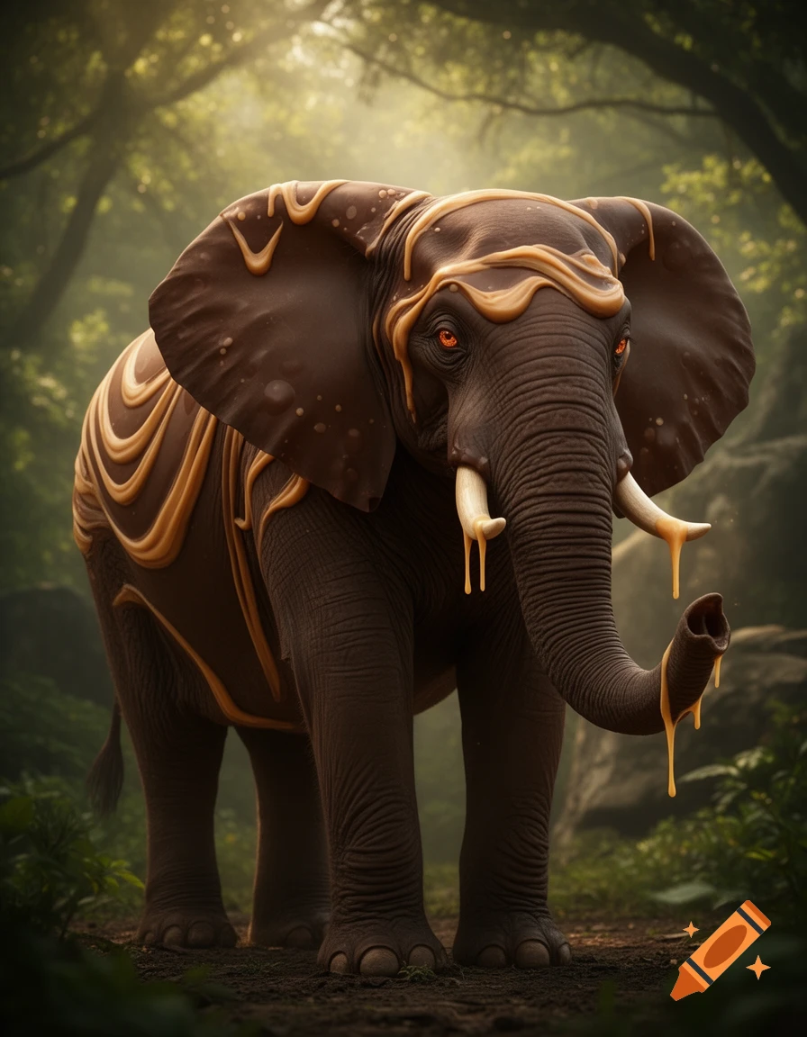 A dark brown elephant covered in swirled light brown peanut butter drips stands in a lush, sunlit forest.
