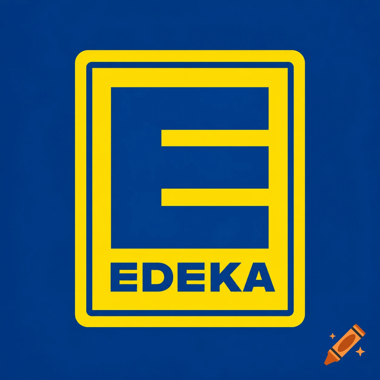 Yellow Edeka logo with a large stylized 'E' inside a rounded rectangle, and the word 'EDEKA' below, all on a blue background.