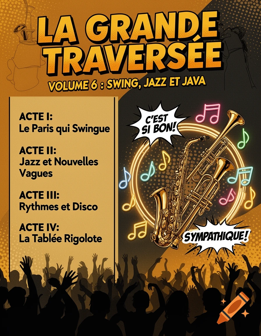 A retro comic book pop-art flyer with the title 'LA GRANDE TRAVERSEE VOLUME 6: SWING, JAZZ ET JAVA'. It features a list of acts, brass jazz instruments with neon musical notes, speech bubbles saying 'C'EST SI BON!' and 'SYMPATHIQUE!', and silhouettes of a swinging crowd against a warm amber and black background.