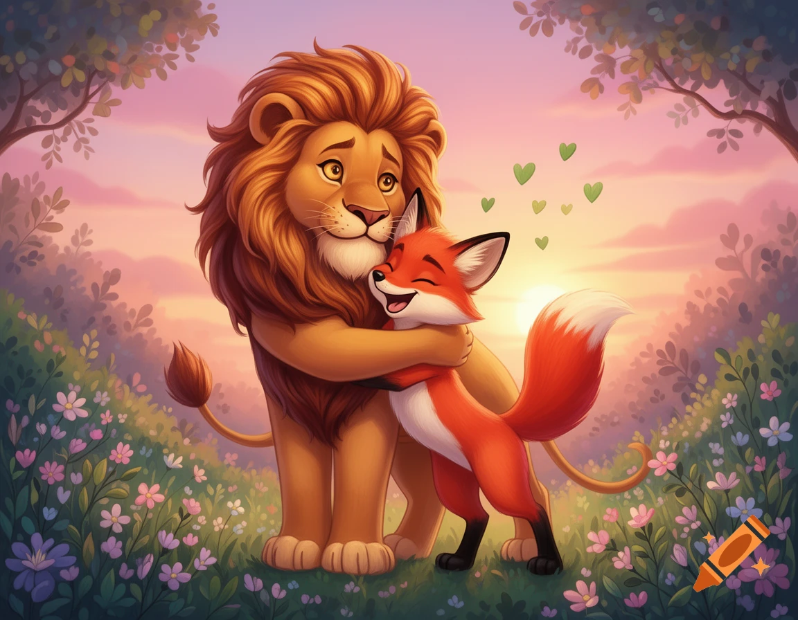 Cartoon lion and fox hugging happily in a flowery field at sunset with green hearts floating above them.