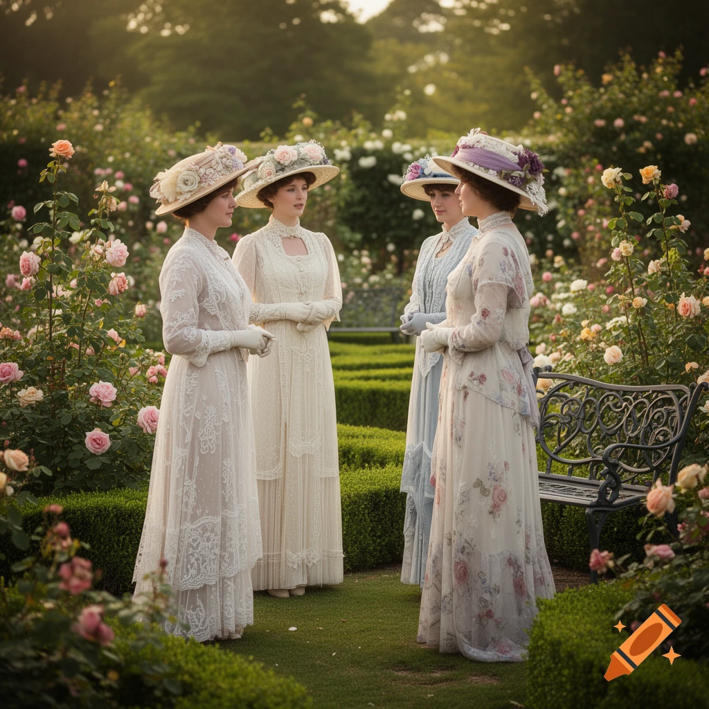 Four women in elegant Edwardian dresses and hats stand conversing in a sunlit rose garden.